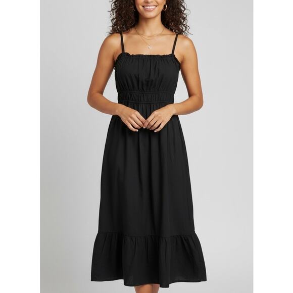 Dizzy Lizzy Dresses & Skirts - Dizzy Lizzy Black Milkmaid Midi Dress Smocked Poplin Ruffle Hem Cottagecore XL